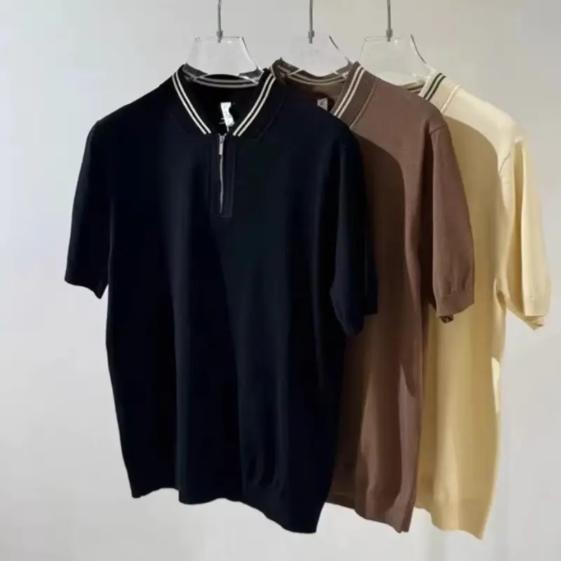 Chinese Style Striped Knitted Short Sleeved Polo Shirt Men Stand Up Collar Ice Silk Cool T-shirt Half Zip Casual Business Tshirt