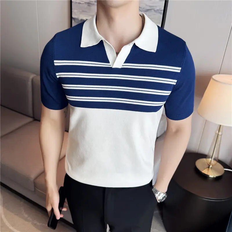 Men Knitted Polo Shirts Short Sleeved Summer Ice Silk Light Thin Contrast Color Stripes Casual Top T-shirt Fashion Men Clothing