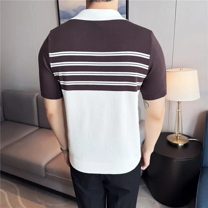 Men Knitted Polo Shirts Short Sleeved Summer Ice Silk Light Thin Contrast Color Stripes Casual Top T-shirt Fashion Men Clothing