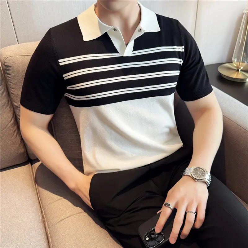 Men Knitted Polo Shirts Short Sleeved Summer Ice Silk Light Thin Contrast Color Stripes Casual Top T-shirt Fashion Men Clothing