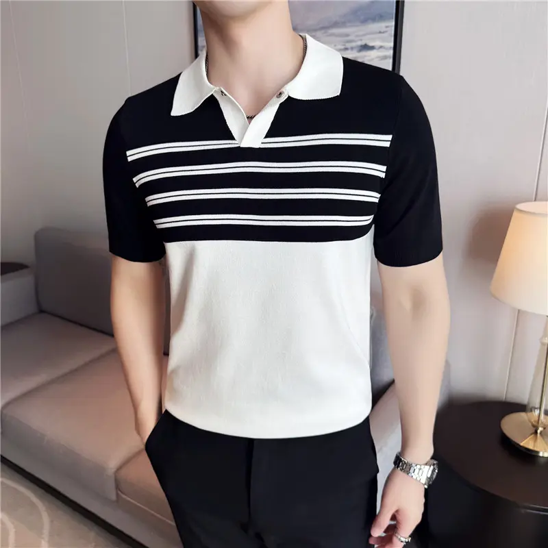 Men Knitted Polo Shirts Short Sleeved Summer Ice Silk Light Thin Contrast Color Stripes Casual Top T-shirt Fashion Men Clothing