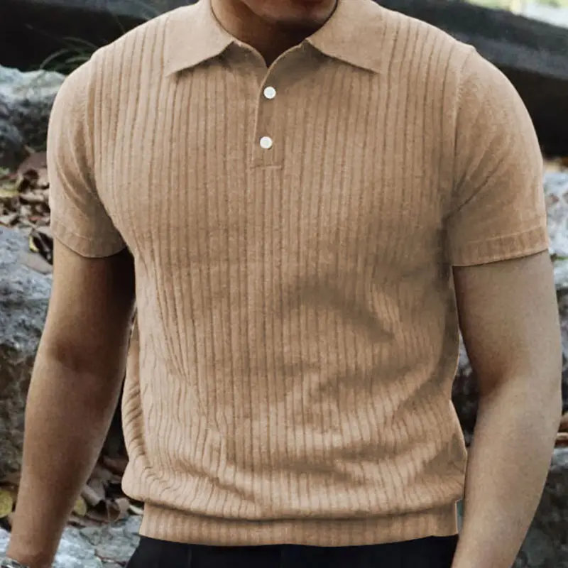 2024 European and American cross-border men's solid color short sleeve trend new vertical stripe lapels casual breathable POLO v