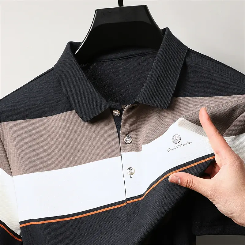 Men's Casual and Fashionable Striped Short Sleeved Polo Shirt Summer Comfortable Sweat Absorbing Breathable and Versatile Top