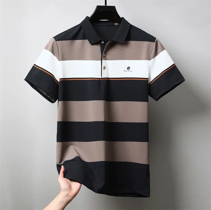 Men's Casual and Fashionable Striped Short Sleeved Polo Shirt Summer Comfortable Sweat Absorbing Breathable and Versatile Top