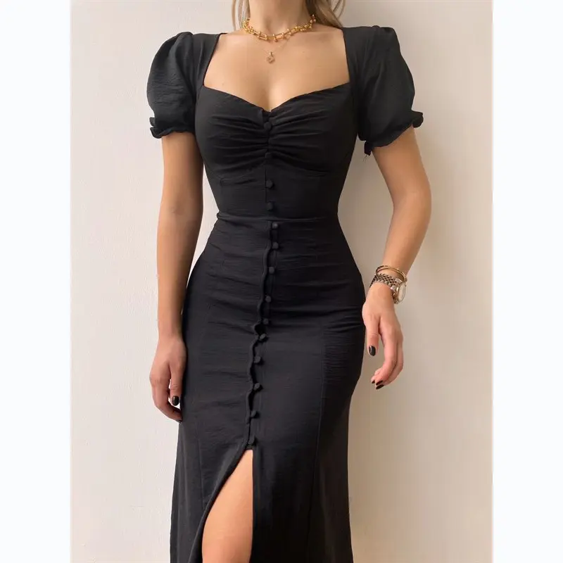 Fashion Bandage Bodycon Dresses For Women Puff Short Sleeves Sexy Low Cut Slim A-line Dress Elegant Ladies Vestidos 2023 Summer