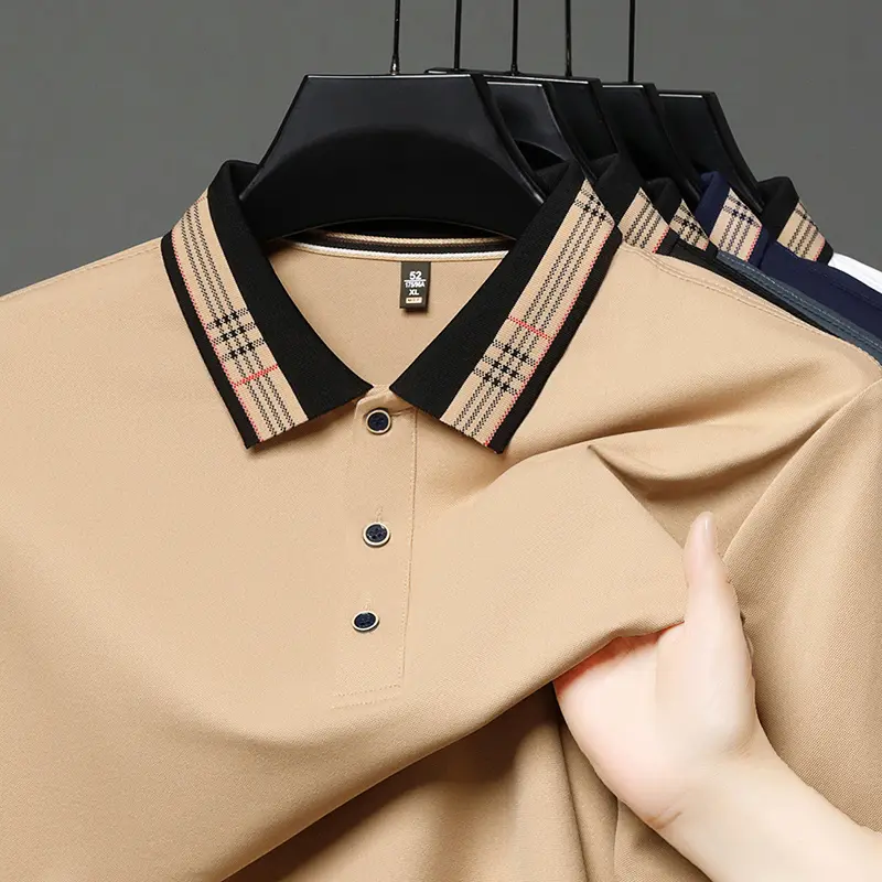 Light luxury fashion short sleeve polo shirt summer high-end ice silk breathable cool T-shirt stripe decorative lapel men's wear