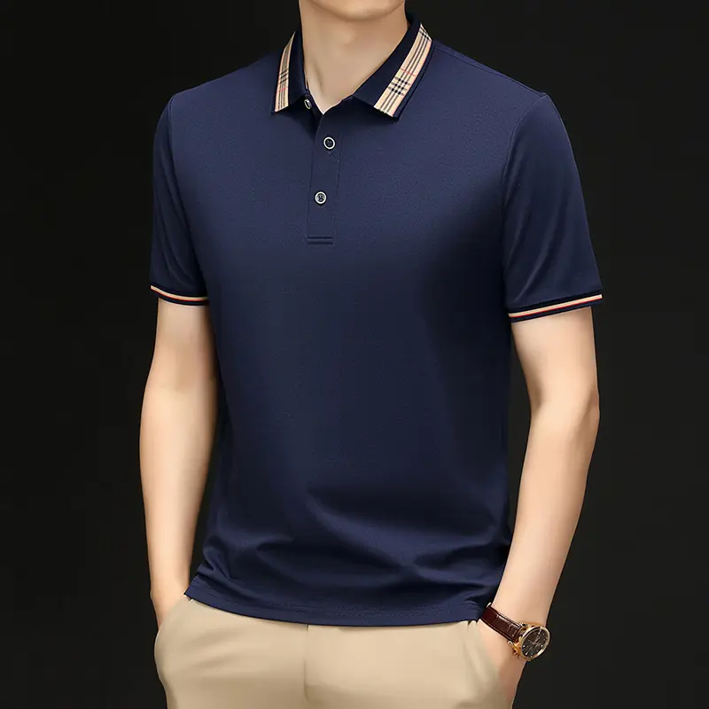 Light luxury fashion short sleeve polo shirt summer high-end ice silk breathable cool T-shirt stripe decorative lapel men's wear
