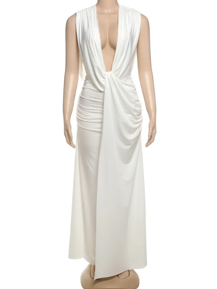 Weird Puss Ruched Elegant Dress Women Sexy Deep V-Neck Sleeveless High Elasticity Wrap Buttocks Beach Party Solid Long Bodycon