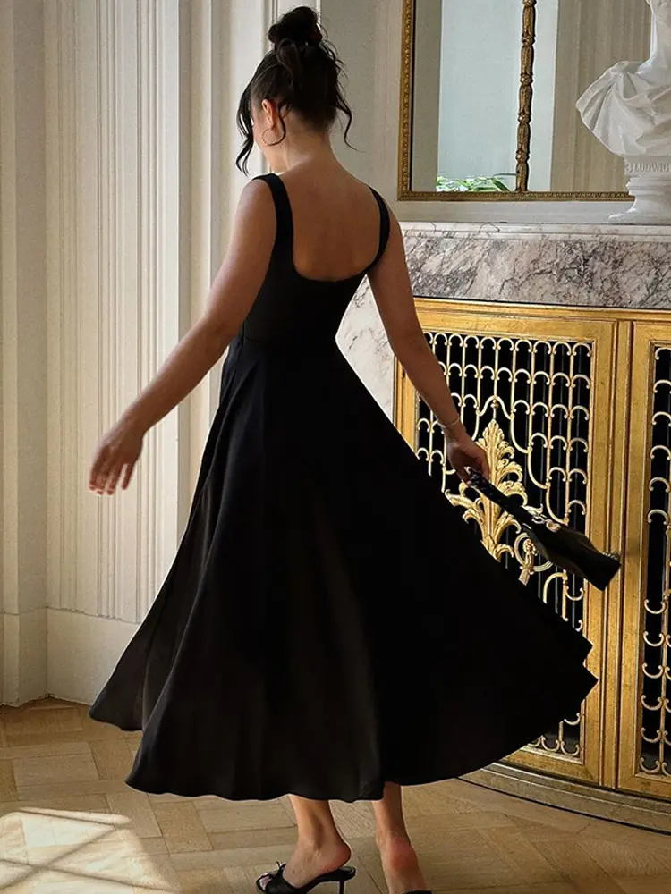 Black A-line Women's Long Dress Elegant Square Neck Pleated Sleeveless Sling Maxi Dresses 2025 Summer Lady Vacation Party Robes