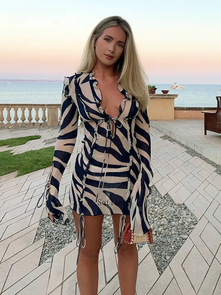 2024 Print Long Sleeve Mini Summer Beach Dress Ruffles Mesh Sexy Party Dresses Bodycon Bandage See Through 90s Club Sexy Dress