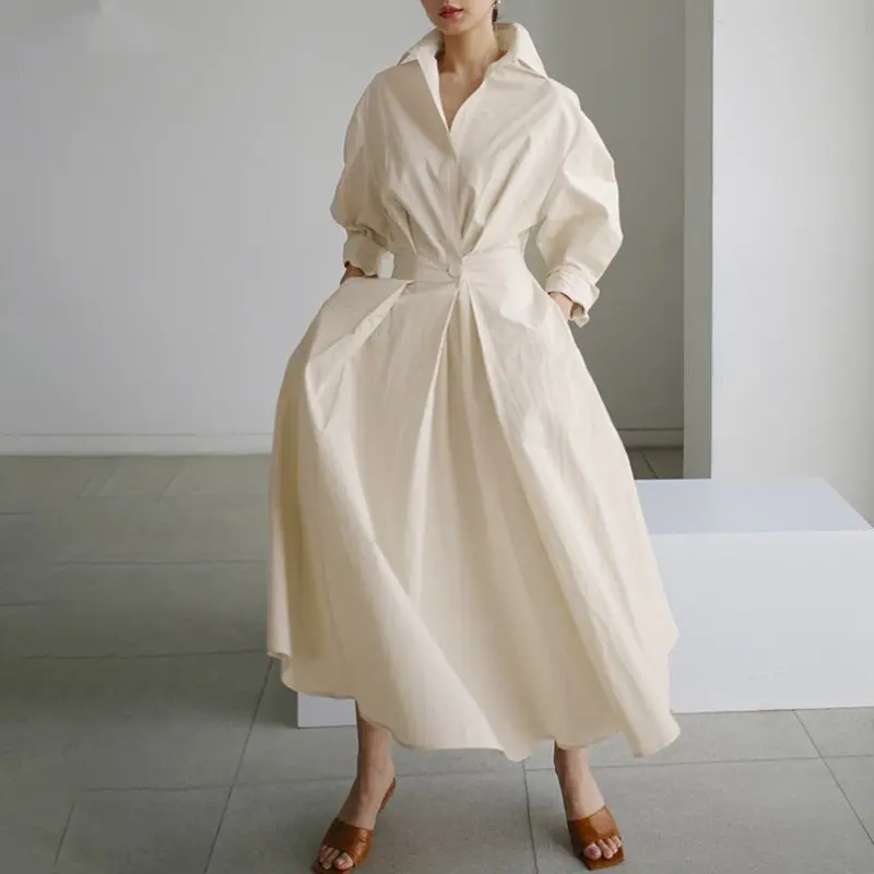 Elegant Women Spring Sundress Lapel Neck Long Sleeve Black Dress 2025 Solid Long Shirt Dress OL Vestidos Robe Femme Streetwear