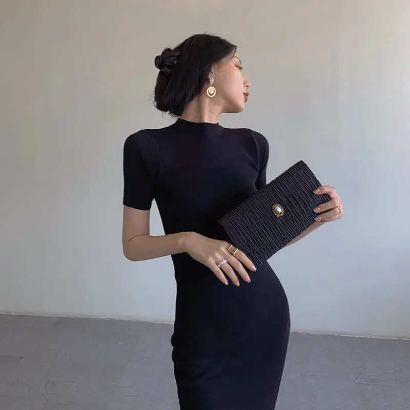 Spring Summer Dresses Woman 2025 Korean Ladies Slim Vintage Clothes Sexy Wrap Hip Long Dress Black Vestidos Elegantes Para Mujer