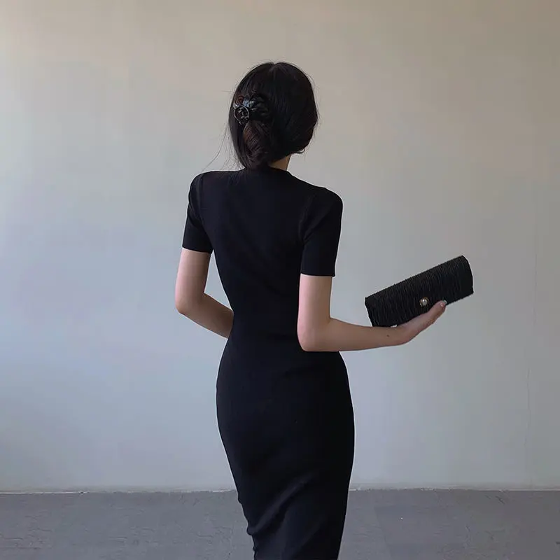 Spring Summer Dresses Woman 2025 Korean Ladies Slim Vintage Clothes Sexy Wrap Hip Long Dress Black Vestidos Elegantes Para Mujer