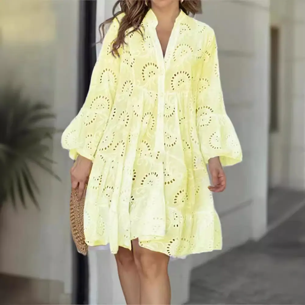 Spring Summer New Women's Dress Solid Color V-neck Embroidered Hollow Lace Flower Sexy Dress Loose Casual Broken Copper Dress