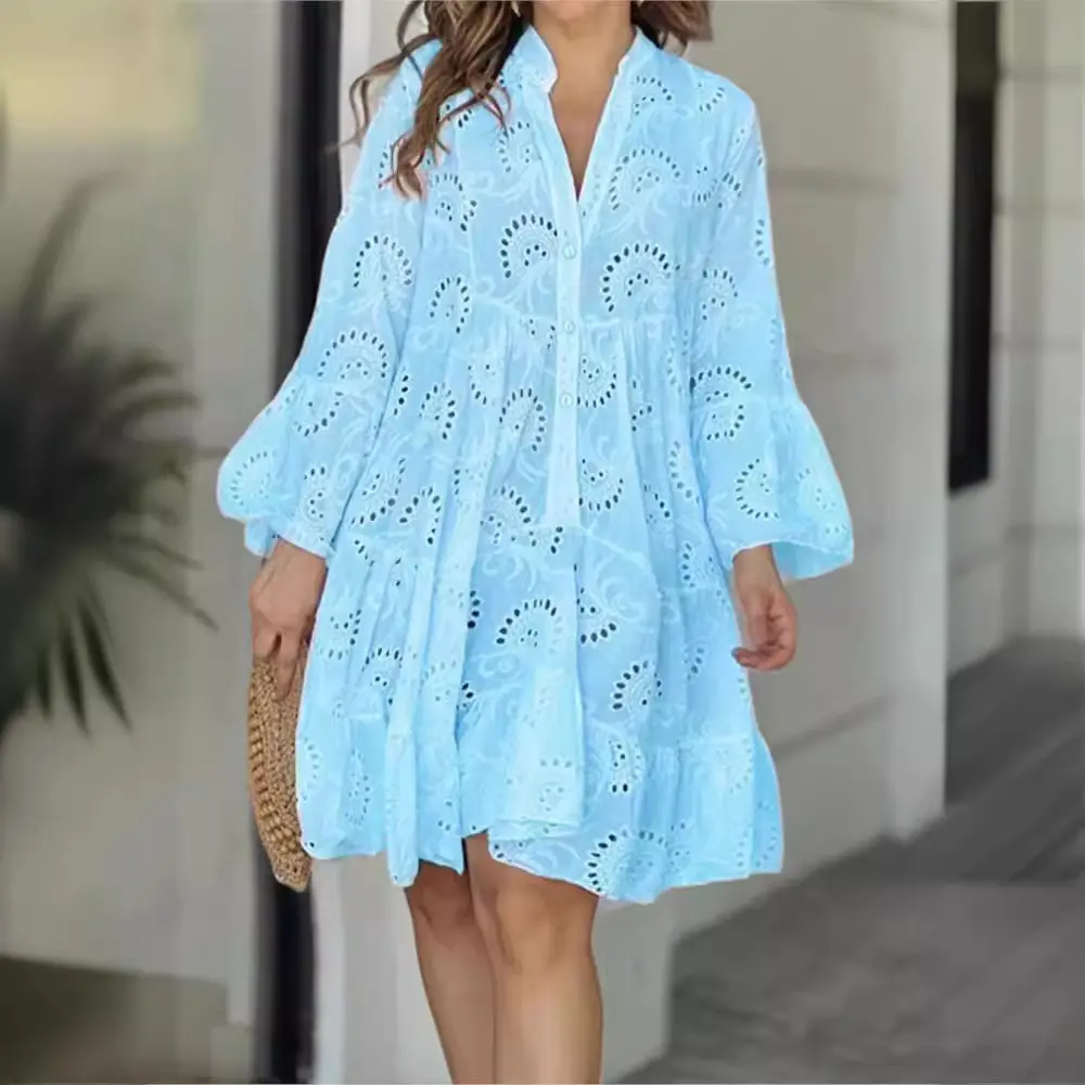 Spring Summer New Women's Dress Solid Color V-neck Embroidered Hollow Lace Flower Sexy Dress Loose Casual Broken Copper Dress