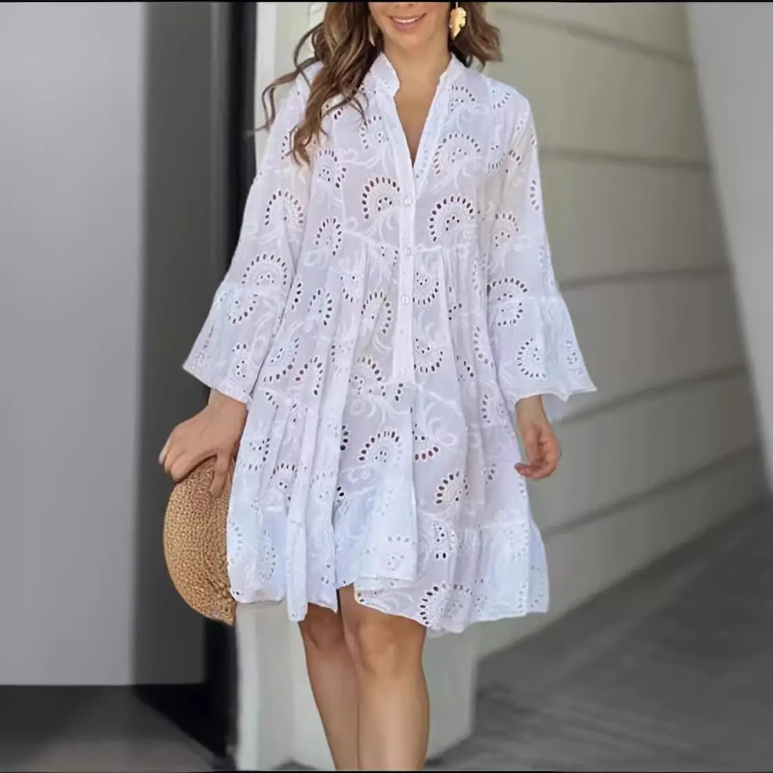 Spring Summer New Women's Dress Solid Color V-neck Embroidered Hollow Lace Flower Sexy Dress Loose Casual Broken Copper Dress