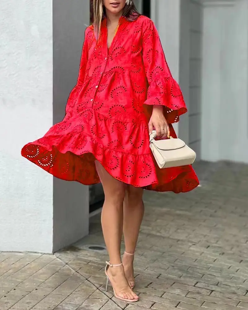 Spring Summer New Women's Dress Solid Color V-neck Embroidered Hollow Lace Flower Sexy Dress Loose Casual Broken Copper Dress