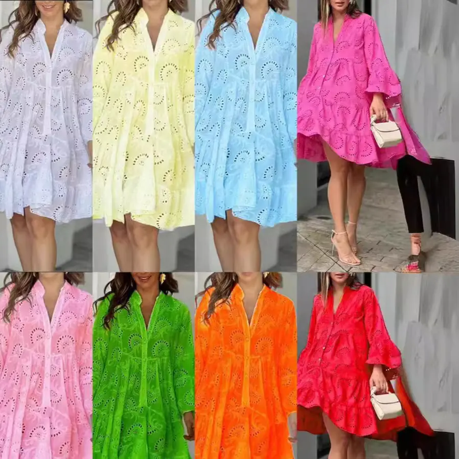 Spring Summer New Women's Dress Solid Color V-neck Embroidered Hollow Lace Flower Sexy Dress Loose Casual Broken Copper Dress