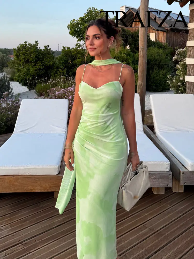TRAFZA Women's Summer Holiday Light Green Romantic Scarf Decorated Tulle Midi Dress Female Backless Slim Sexy Sling Long Dress