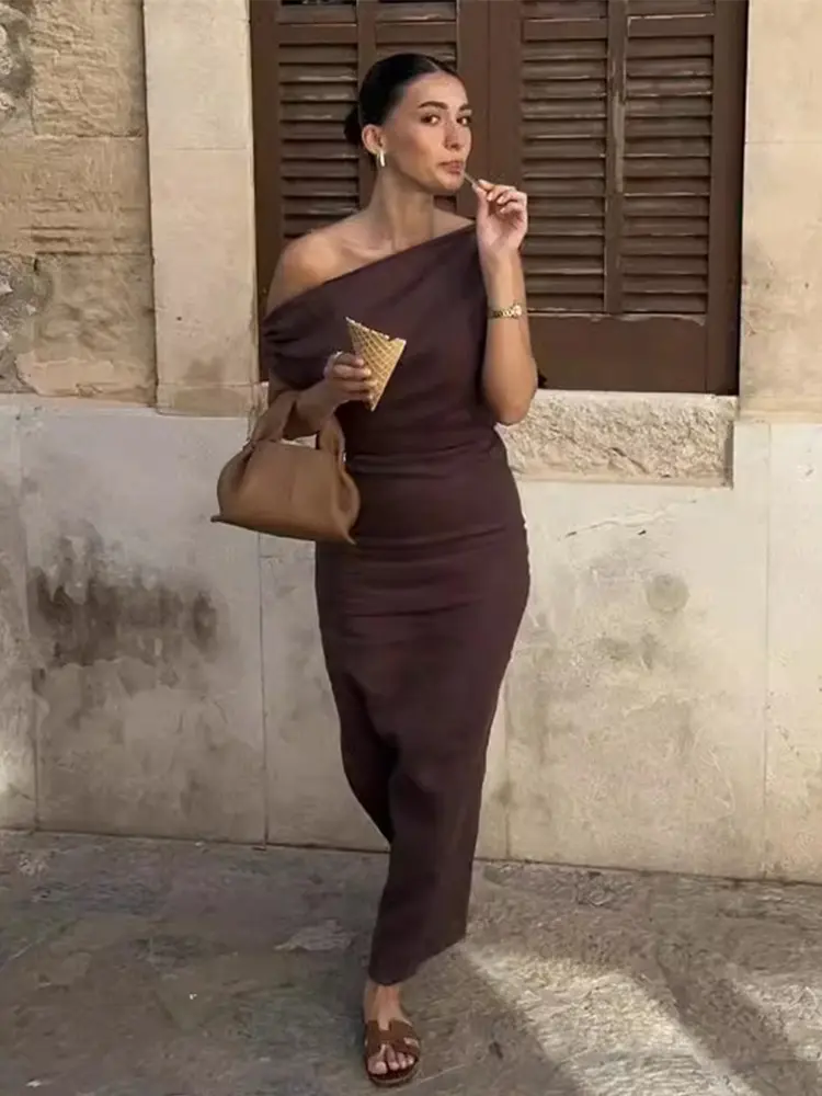 Elegant Off Shoulder Pleated Long Dress Slim Slash Neck Sleeveless Female Party Dresses 2025 Summer Autumn Lady Chic Solid Robes
