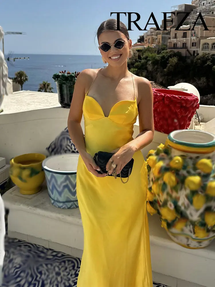 TRAFZA 2025 Women Red V-Neck Holiday Style Satin Texture Long Dress Sleeveless Summer Women's Back Zipper Fashion Sling Dresses
