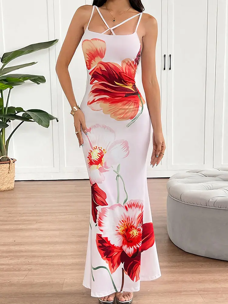 Women Sexy Maxi Dresses Summer New Backless Sling Low Chest Dress Streetwear Fashion Print Elegant Lady Knitted Dresses Clothing