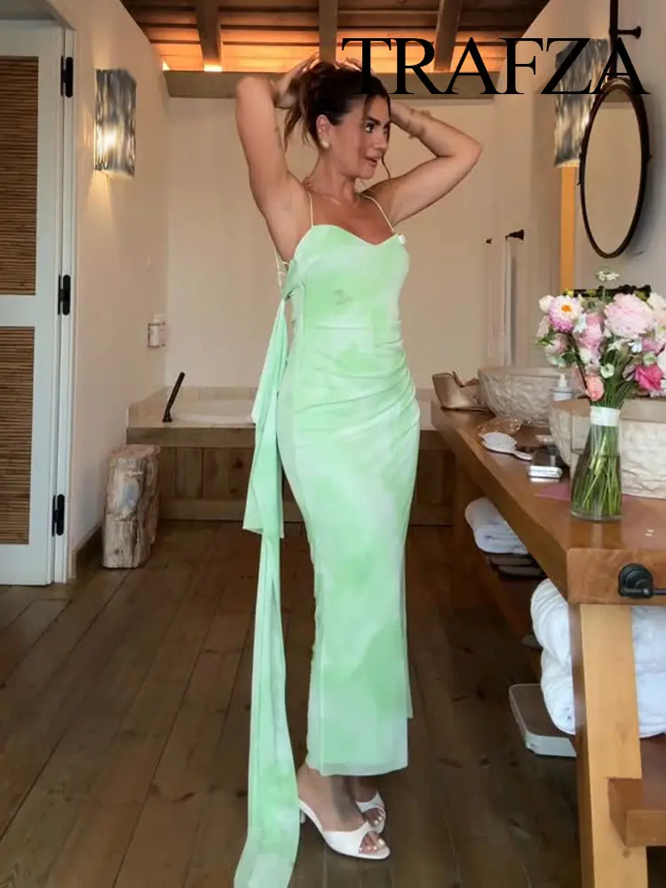 TRAFZA Women's Summer Holiday Light Green Romantic Scarf Decorated Tulle Midi Dress Female Backless Slim Sexy Sling Long Dress
