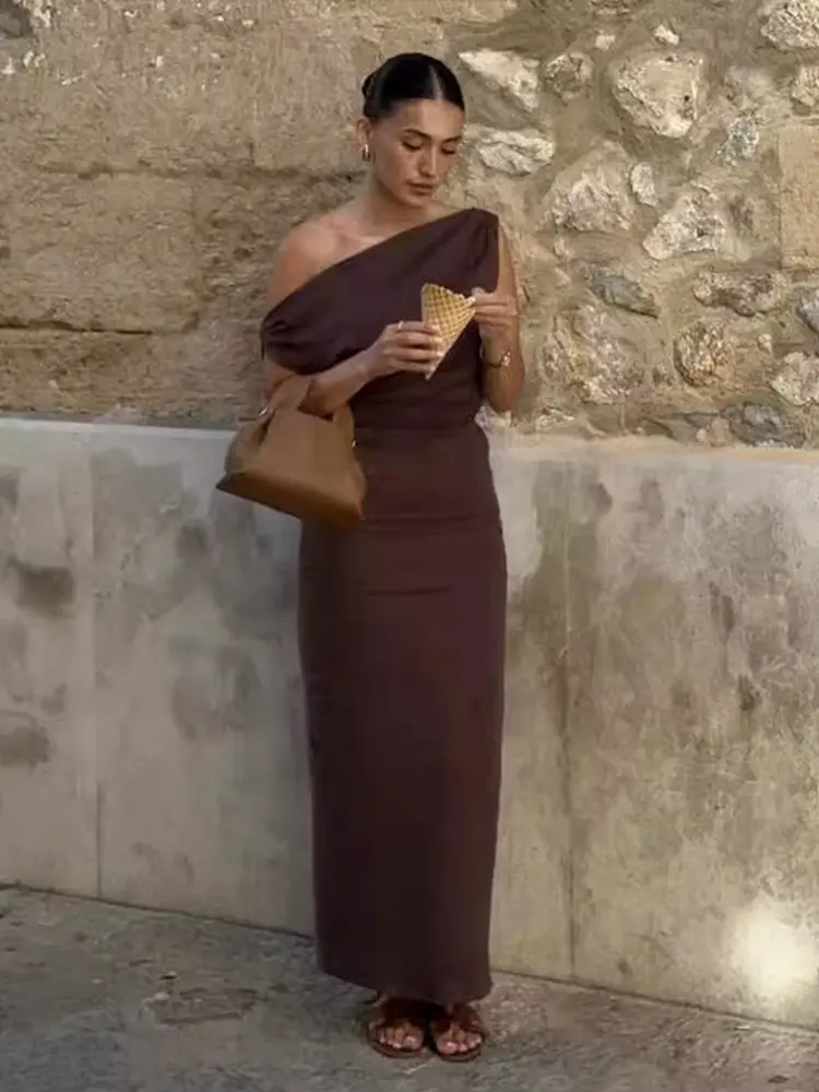 Elegant Off Shoulder Pleated Long Dress Slim Slash Neck Sleeveless Female Party Dresses 2025 Summer Autumn Lady Chic Solid Robes