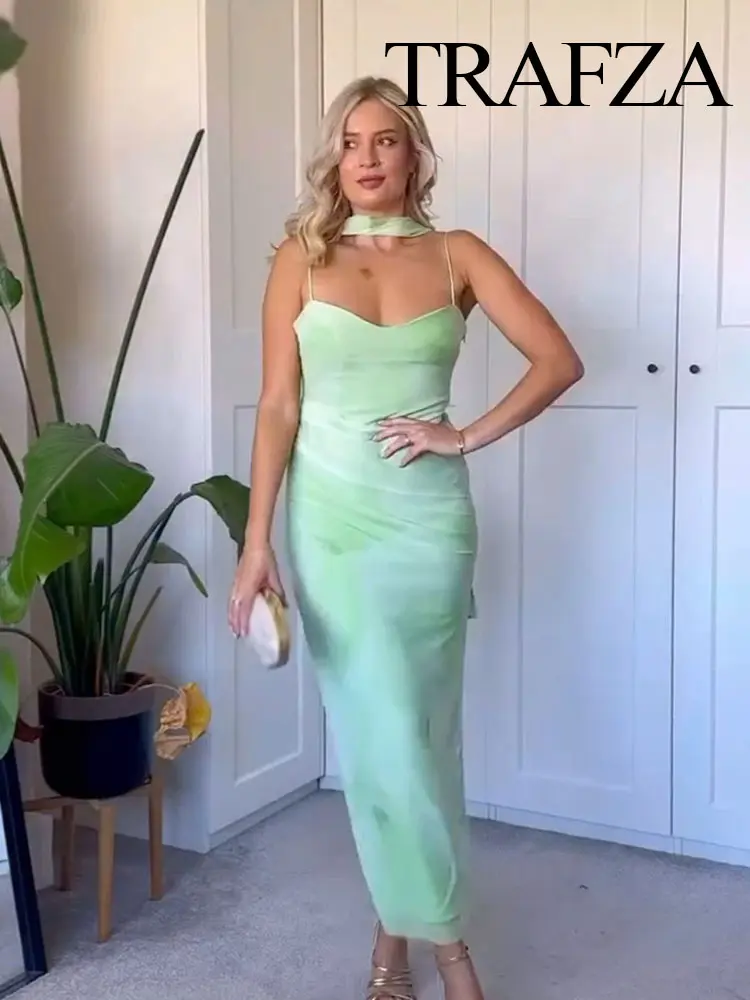 TRAFZA Women's Summer Holiday Light Green Romantic Scarf Decorated Tulle Midi Dress Female Backless Slim Sexy Sling Long Dress