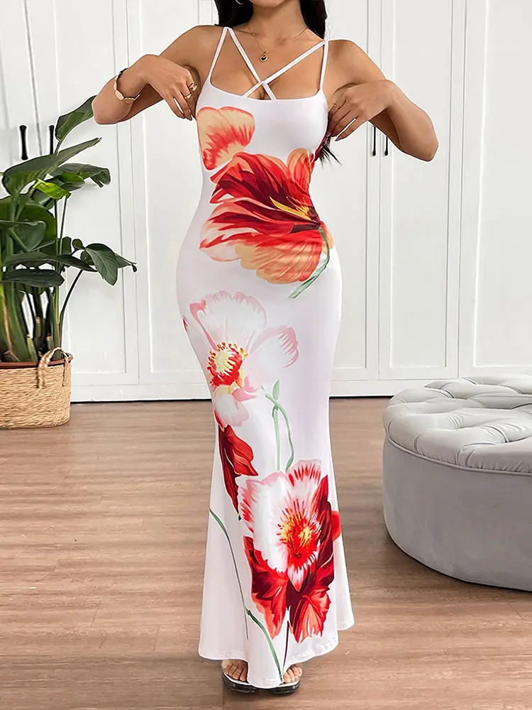 Women Sexy Maxi Dresses Summer New Backless Sling Low Chest Dress Streetwear Fashion Print Elegant Lady Knitted Dresses Clothing