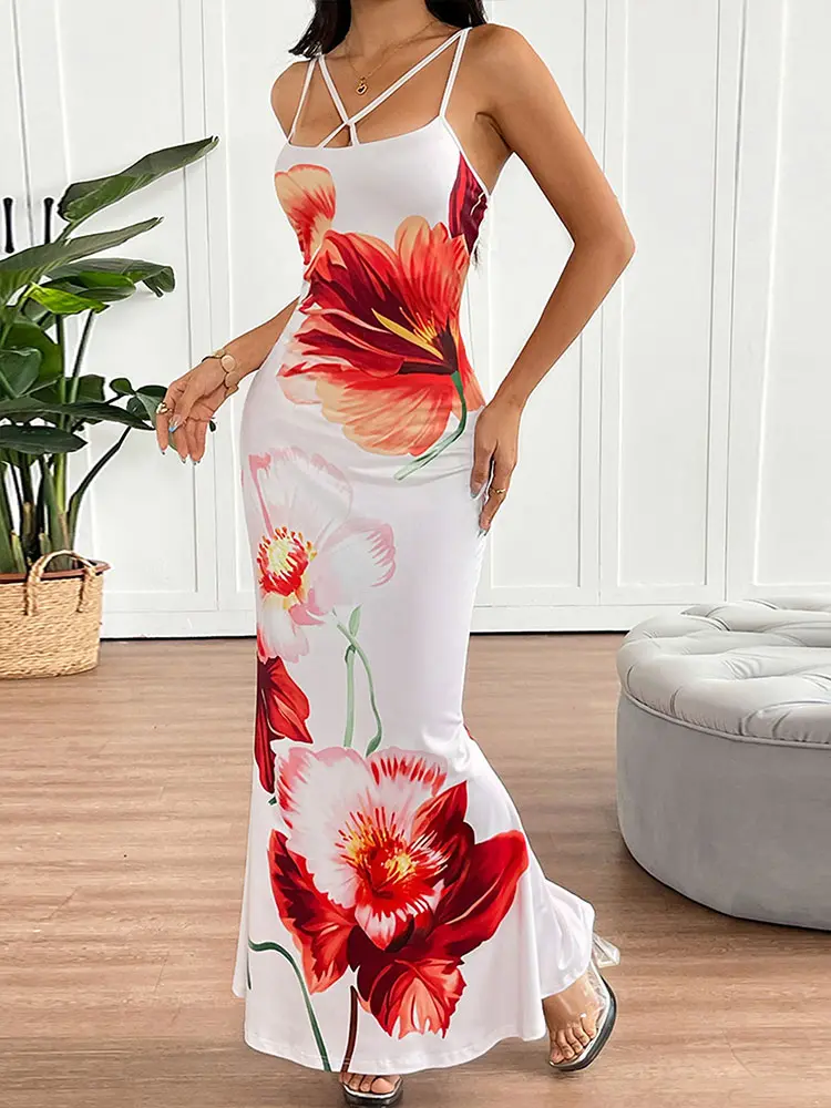 Women Sexy Maxi Dresses Summer New Backless Sling Low Chest Dress Streetwear Fashion Print Elegant Lady Knitted Dresses Clothing