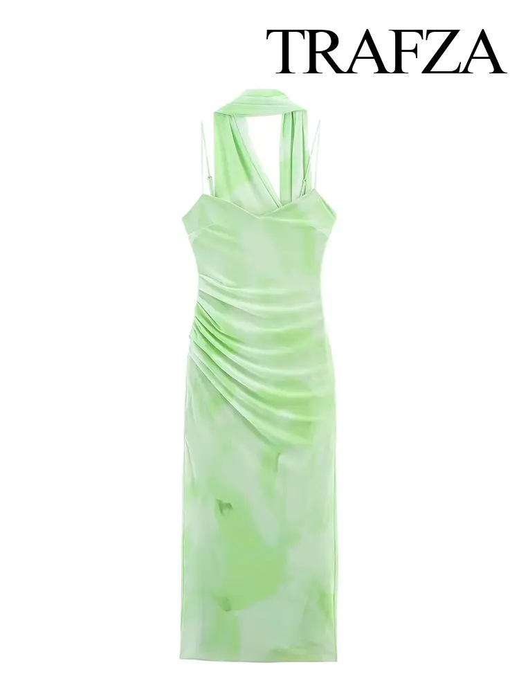 TRAFZA Women's Summer Holiday Light Green Romantic Scarf Decorated Tulle Midi Dress Female Backless Slim Sexy Sling Long Dress
