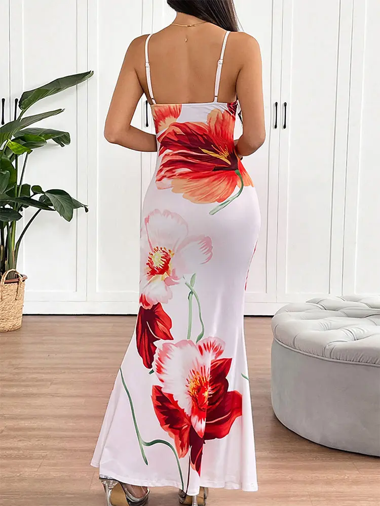 Women Sexy Maxi Dresses Summer New Backless Sling Low Chest Dress Streetwear Fashion Print Elegant Lady Knitted Dresses Clothing