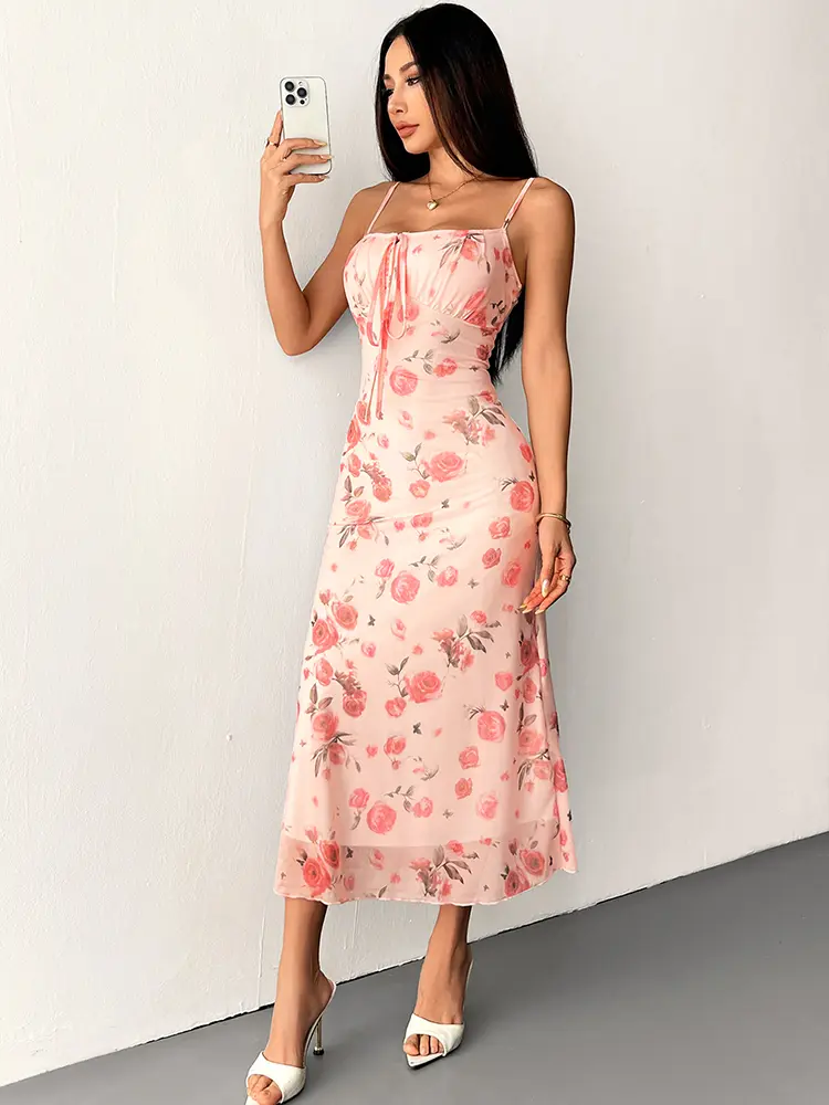 Women Sling Maxi Dresses Summer New Streetwear Fashion Print Lace-up Dress Sexy Backless Sleeveless Mesh Knitted Dress Clothing