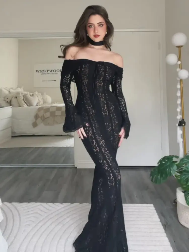 Elegant Cut Out Flared Long Sleeve Maxi Dress Women's Lace Up Hollow Out Off Shoulder Bodycon Vestidos 2025 Lady Outwear Vestido