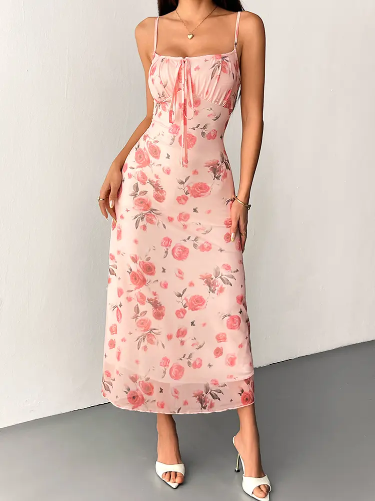 Women Sling Maxi Dresses Summer New Streetwear Fashion Print Lace-up Dress Sexy Backless Sleeveless Mesh Knitted Dress Clothing