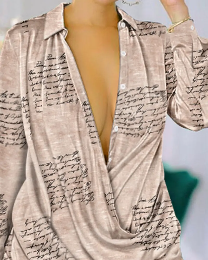 Spring Summer Sexy Deep V Neck Shirt Dress Office Lady Casual Loose Long Sleeve Letter Print Mini Dresses For Women 2023