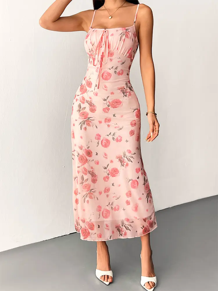 Women Sling Maxi Dresses Summer New Streetwear Fashion Print Lace-up Dress Sexy Backless Sleeveless Mesh Knitted Dress Clothing