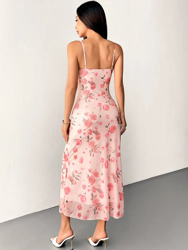 Women Sling Maxi Dresses Summer New Streetwear Fashion Print Lace-up Dress Sexy Backless Sleeveless Mesh Knitted Dress Clothing
