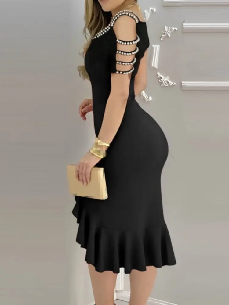 Fashion Autumn Winter  Solid Color Party Off Shoulder Dress Sexy Round Neck Out Sleeve Split Hip Skirt Elegant Slim Women Dress