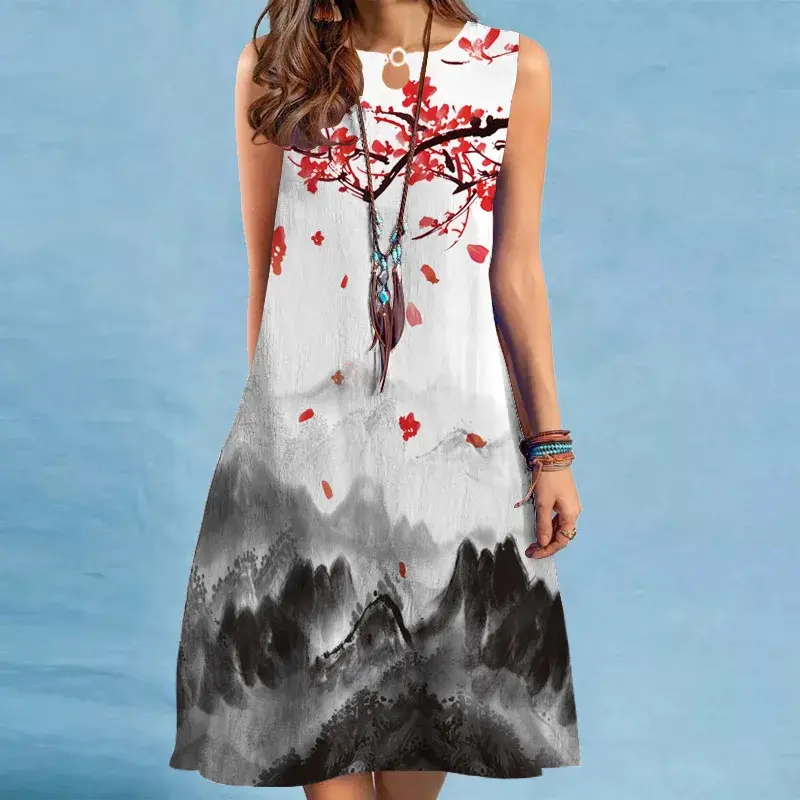 2023 Summer New Style European American Cross-Border Printing Long Dress Round Neck Casual Sleeveless Dress Plus Size Women's Cl