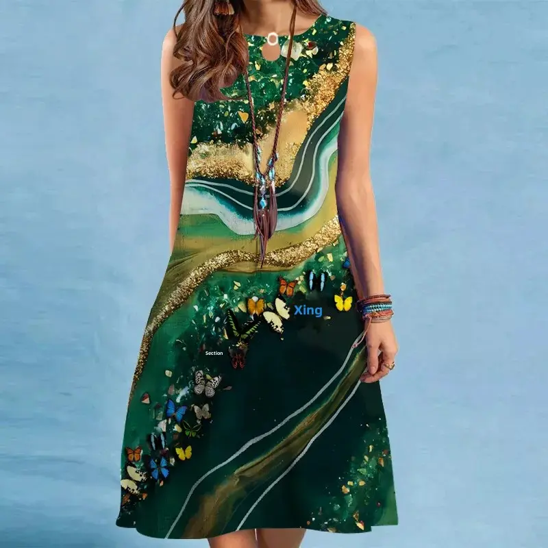 2023 Summer New Style European American Cross-Border Printing Long Dress Round Neck Casual Sleeveless Dress Plus Size Women's Cl