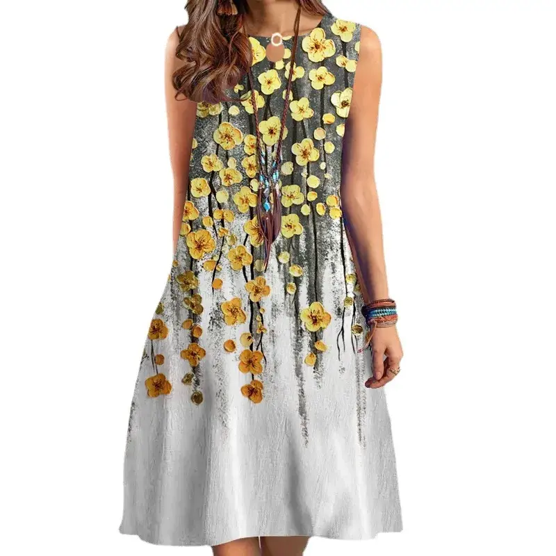 2023 Summer New Style European American Cross-Border Printing Long Dress Round Neck Casual Sleeveless Dress Plus Size Women's Cl