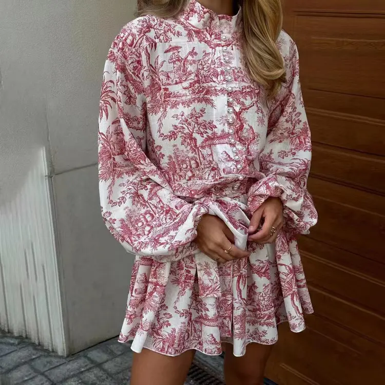 White Elegant Mini Shirt Dress Women Fashion Ruffles Lantern Sleeve Dresses For Women 2025 Vintage Print Lace Up Robe Femme