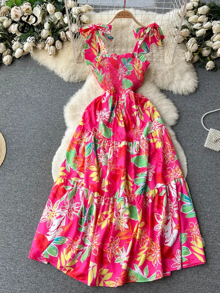 SINGREINY Summer Vacation Spaghetti Strap Long Dress Women Sleeveless Ruched Elastic Backless Dress Floral Print Beach Sundress