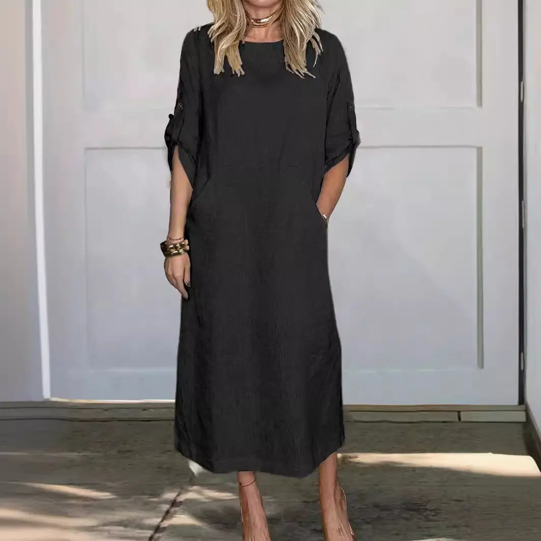 2025 Spring Cotton Linen Women Dress Long Black O-neck Short Sleeve Pockets Loose Dresses Female Casual Trendy Ladies Clothes