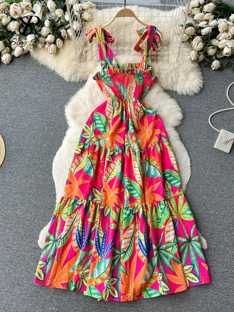 SINGREINY Summer Vacation Spaghetti Strap Long Dress Women Sleeveless Ruched Elastic Backless Dress Floral Print Beach Sundress