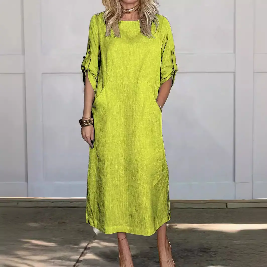 2025 Spring Cotton Linen Women Dress Long Black O-neck Short Sleeve Pockets Loose Dresses Female Casual Trendy Ladies Clothes