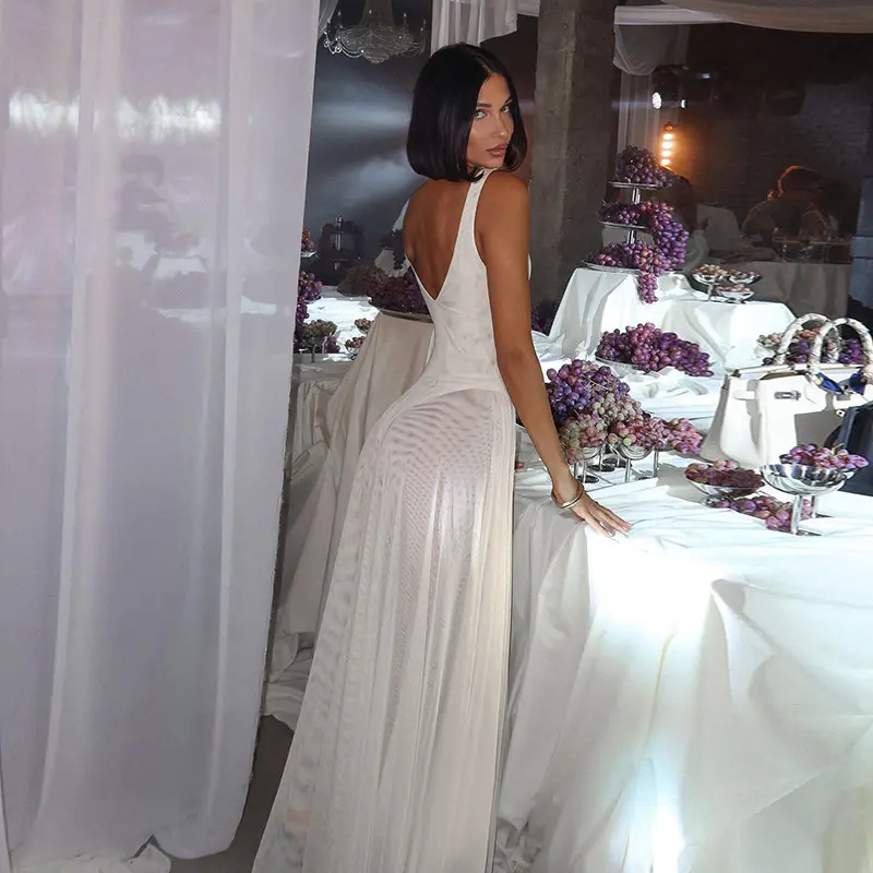 NIDANSSI White Mesh Pleated Evening Club Party Dress Women Robes Backless Elegant Sexy Dress Bodycon Long Summer Dress Vestidos