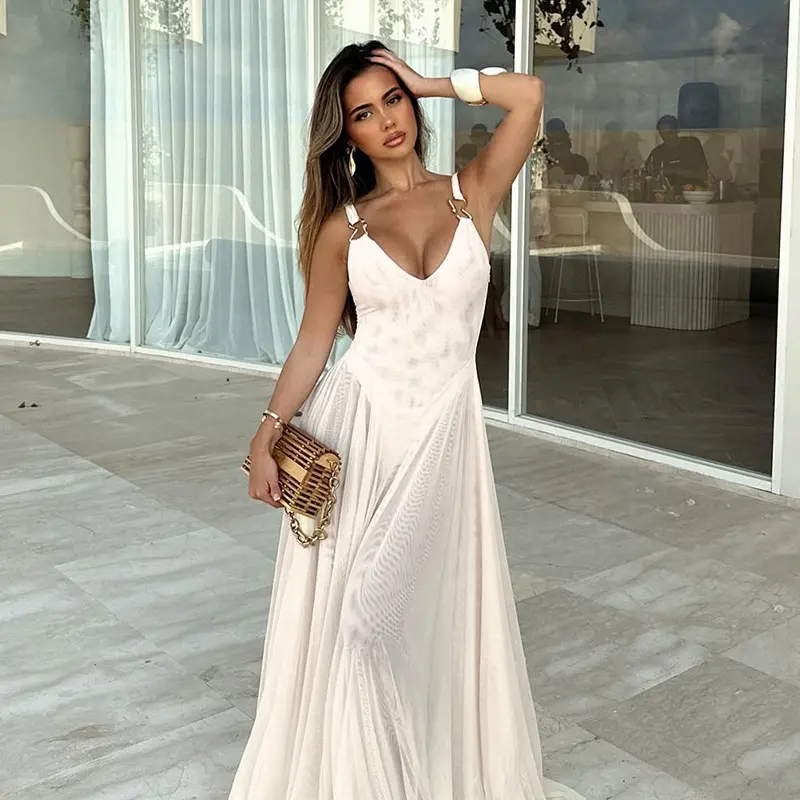 NIDANSSI White Mesh Pleated Evening Club Party Dress Women Robes Backless Elegant Sexy Dress Bodycon Long Summer Dress Vestidos
